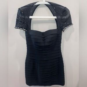 Sherri Hill Black Mini Dress with Sequined Sleeves